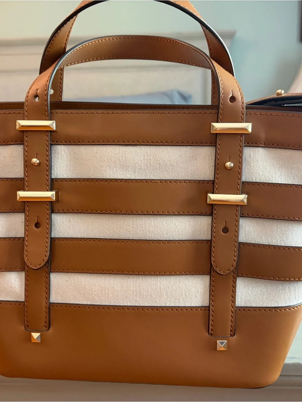 Michael Kors Tan and Cream Striped Leather-Trim Tote- Marie